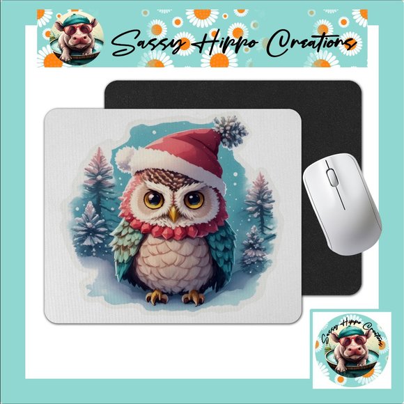 Mouse Pad Cute Owl in Hat Christmas Holidays Sublimate Anti Slip Back Easy Clean - Picture 1 of 4